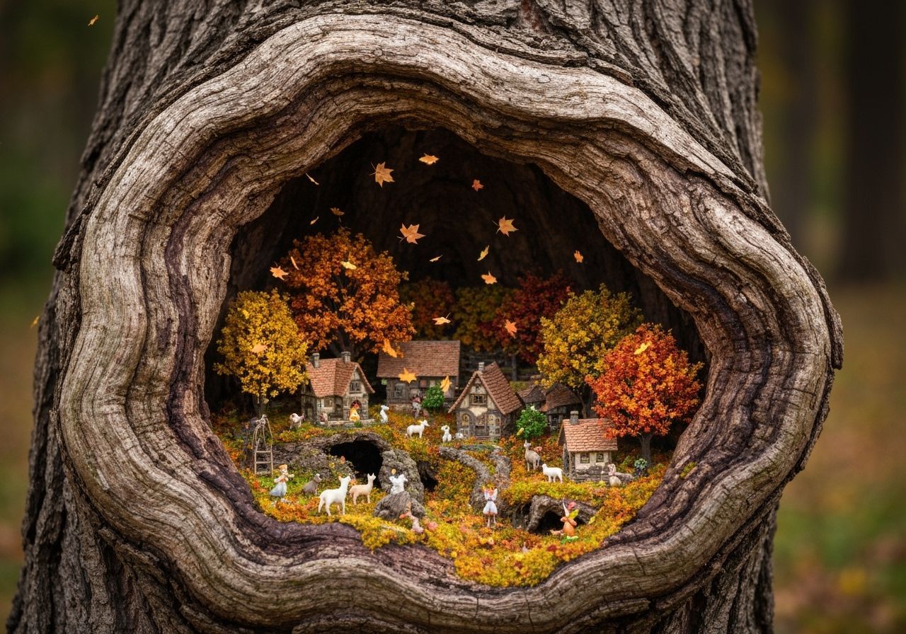 Miniature Autumn Village Inside Gnarled Oak Trunk