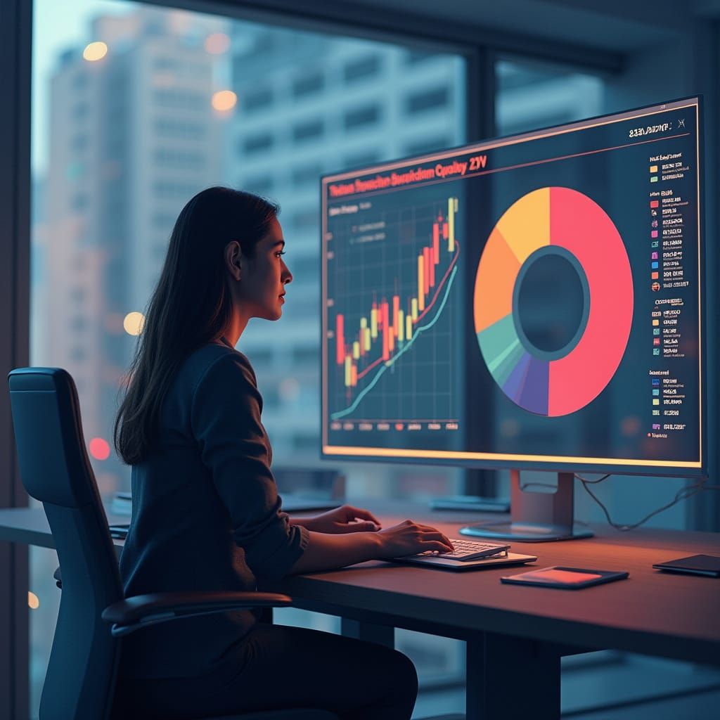 Businesswoman Analyzes Investment Pie Chart in Office
