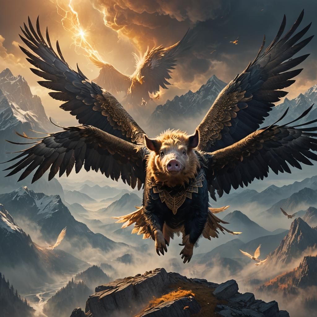 Winged Pig Beast in Dramatic Fantasy Landscape