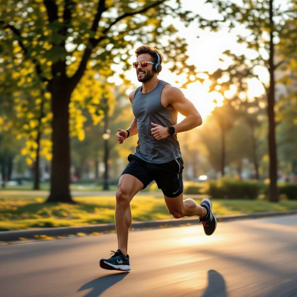 Man Running in City Park at Sunrise: Realistic Photography