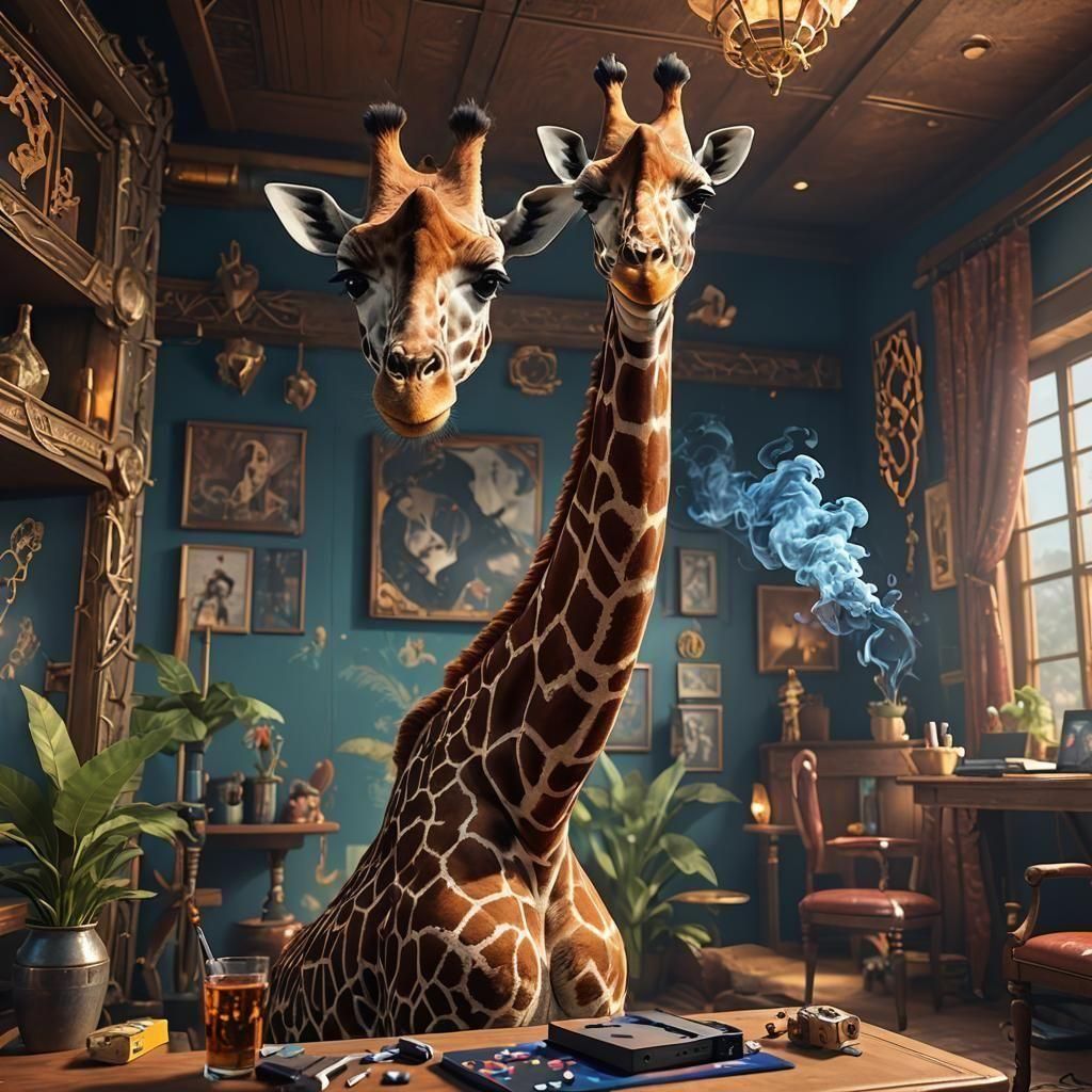 Giraffe Gamer in a Fantastical Game Room