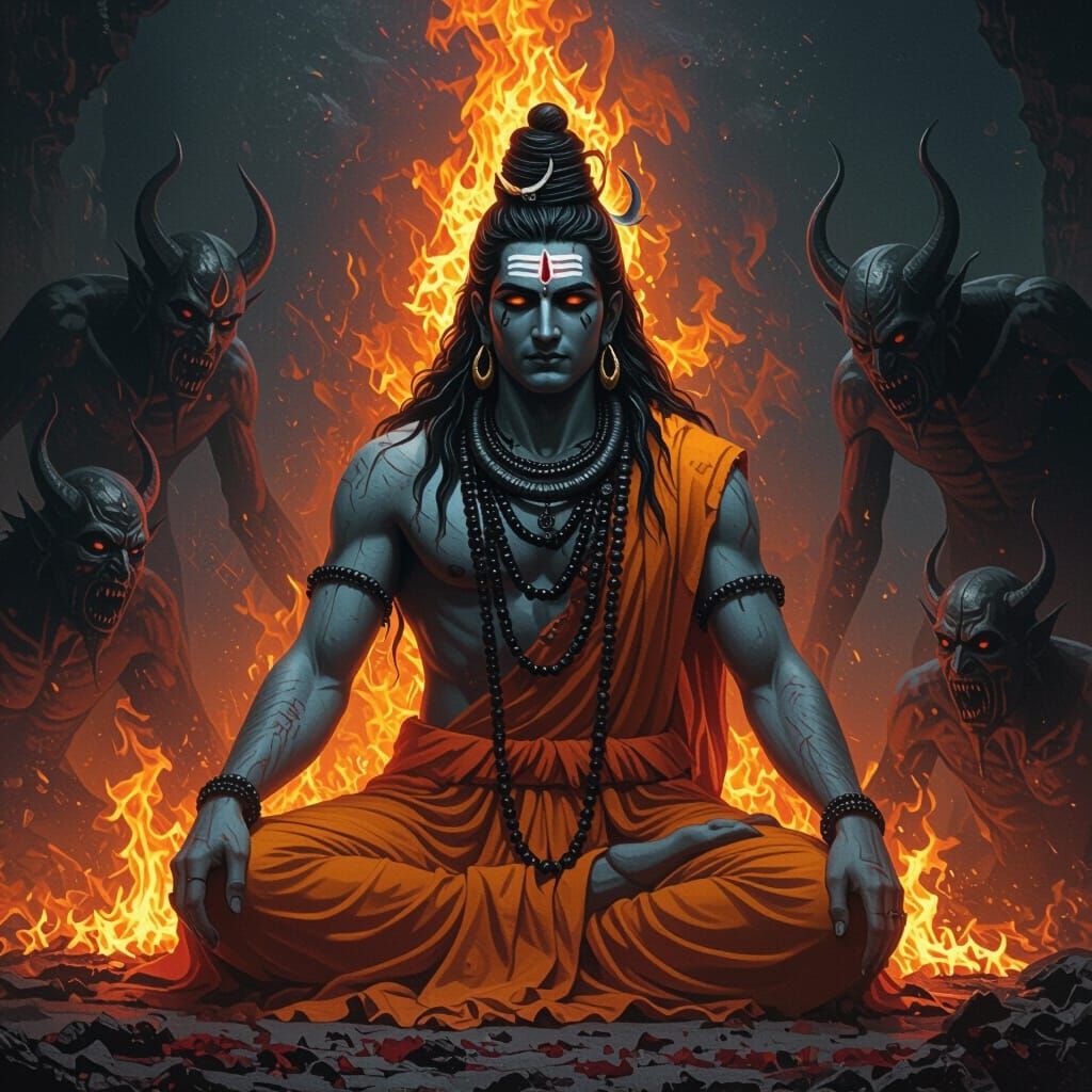 Lord Shiva Engulfed in Flames Amidst Devils