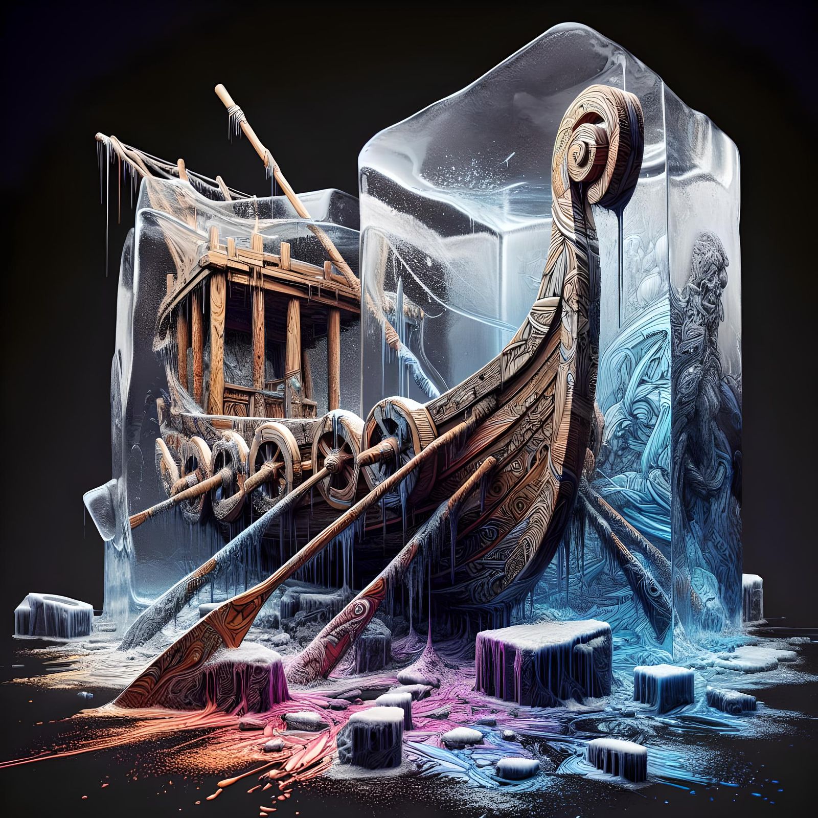 Giant Boat Frozen in Ice with Ink Linework