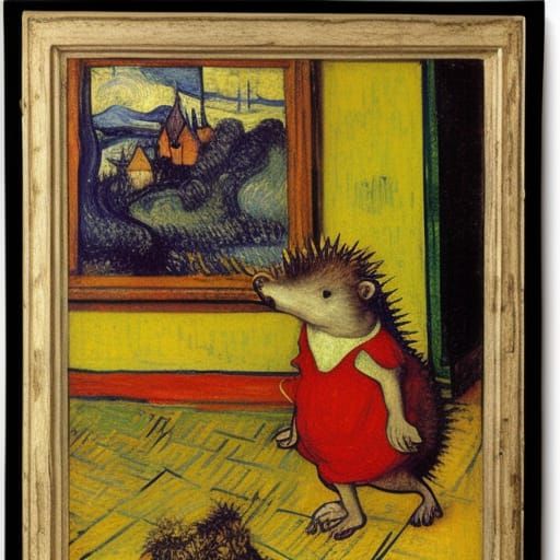 Hedgehog Cooking Goulash in Holbein Mondrian Van Gogh Style