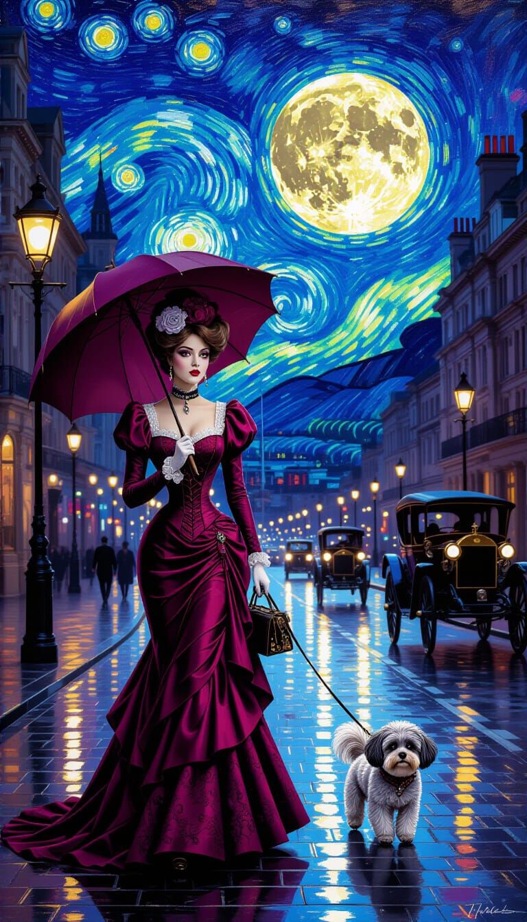 Victorian Lady in Cranberry Gown Under Starry Night Sky