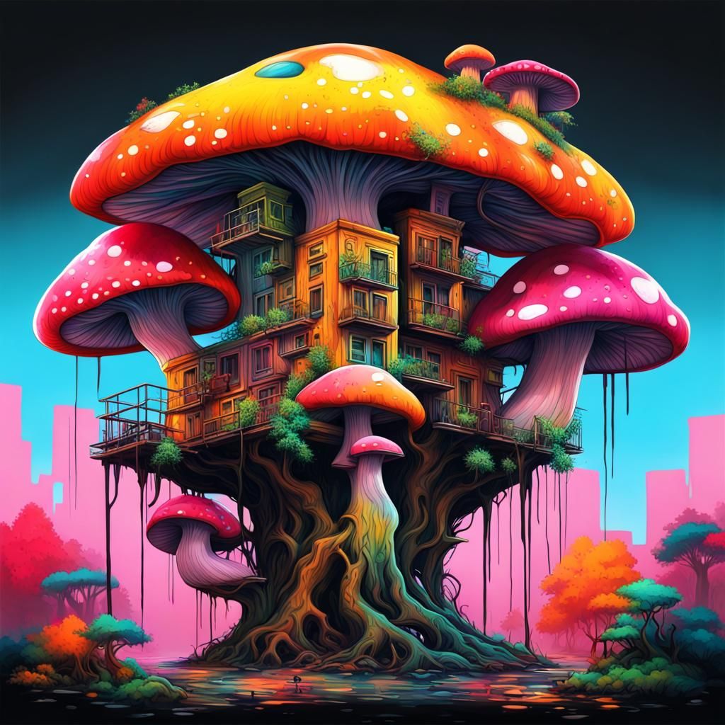 Psychedelic Mushroom Tree with Graffiti Art Buildings