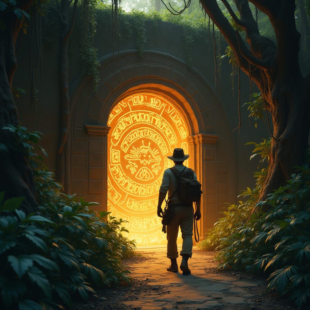 Explorer Finds Hidden Temple Entrance with Glowing Symbols