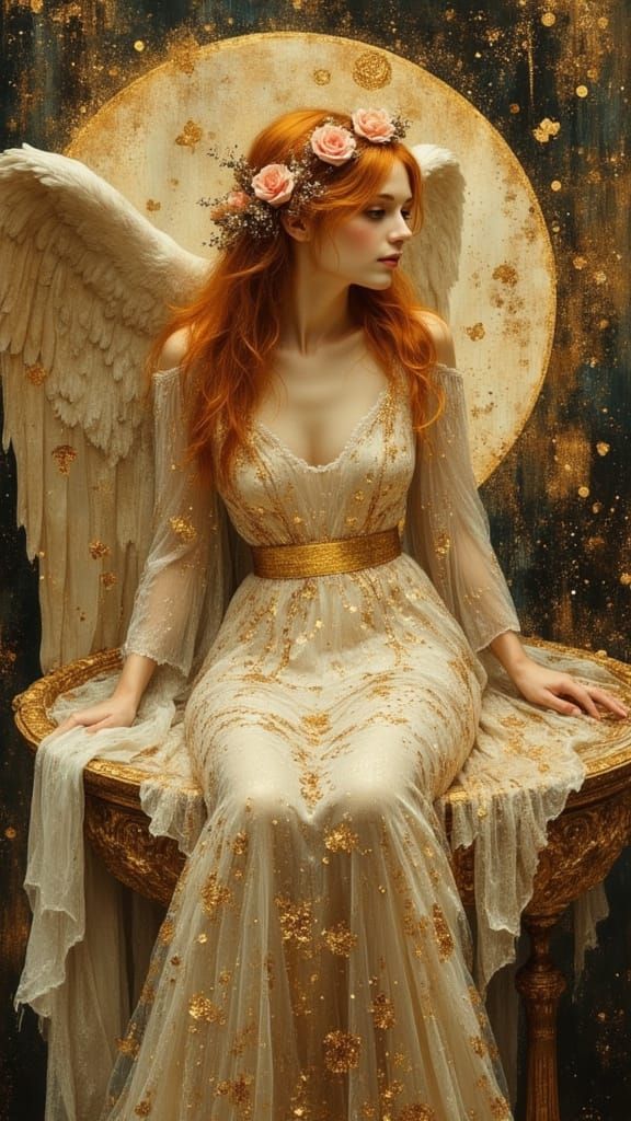 Ethereal Angel Woman in Sparkling Gold Leaves on Crescent Mo...