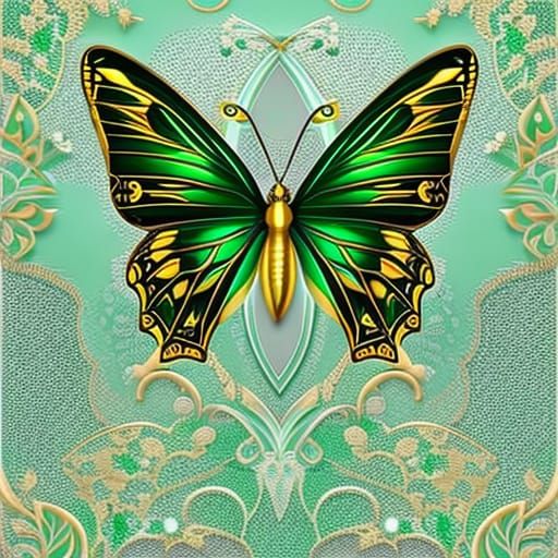 Gold and Emerald Butterfly in Art Nouveau Style