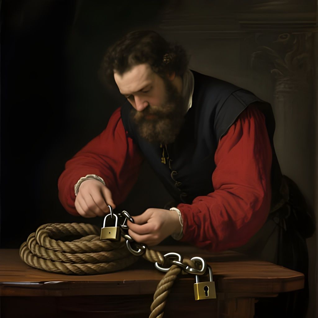 Man in Historical Attire Attaching Clasps to Rope