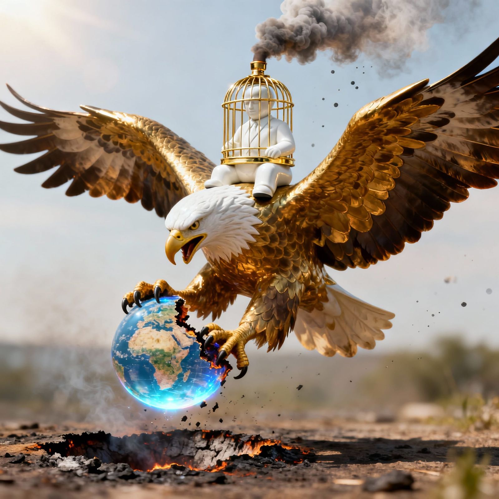 Golden Eagle Rips Earth Apart, Banker Sculpture Perched