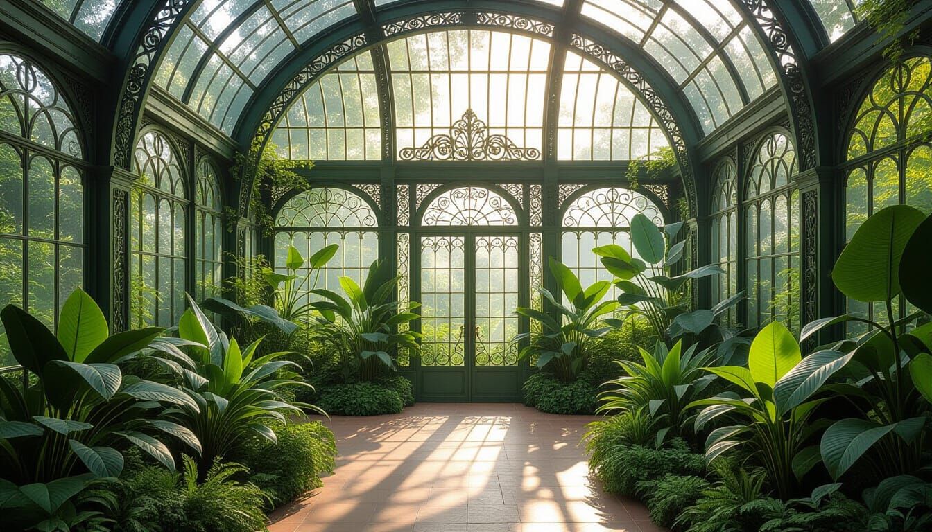 Art Nouveau Greenhouse with Lush Plants and Sunlight