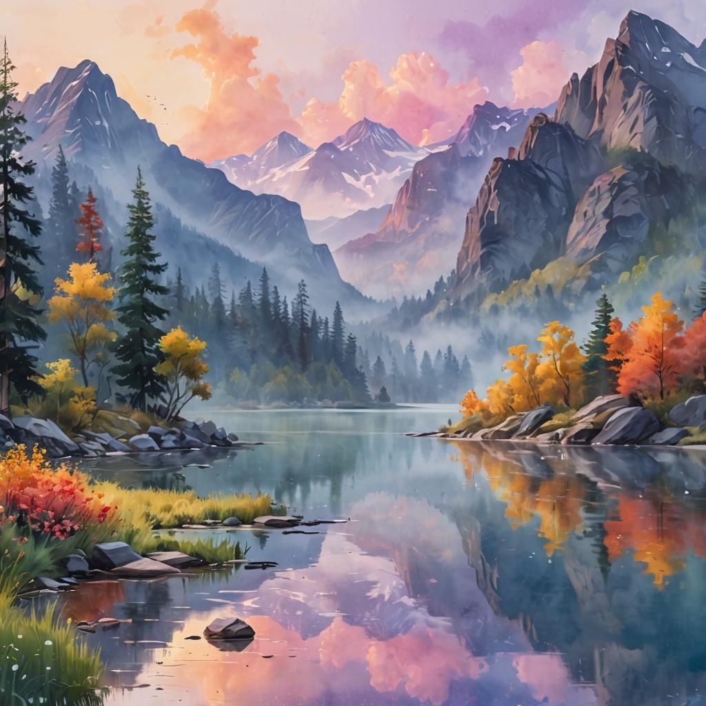 Misty Mountain Lake at Dawn in Gouache Watercolor