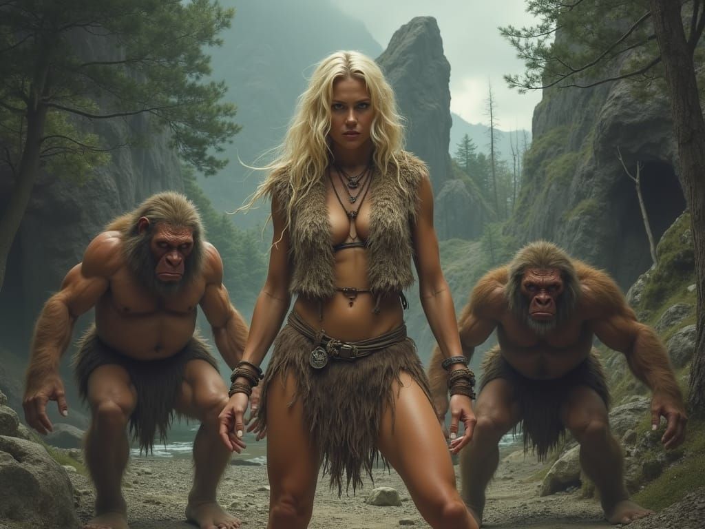 Blonde Cavewoman and Neanderthals in Photorealistic Detail