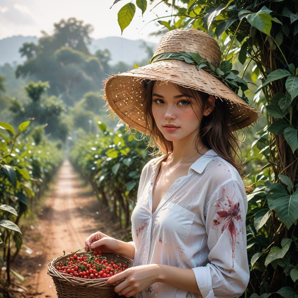 Kampot Pepper Plantation at Golden Hour, Watercolor Style