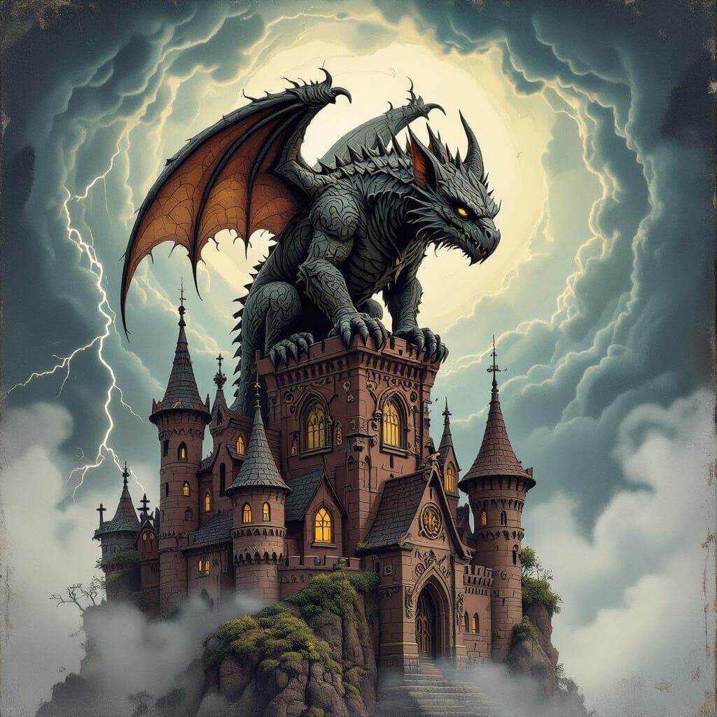 Gargoyle on Whimsical Castle in Dark Fantasy Style
