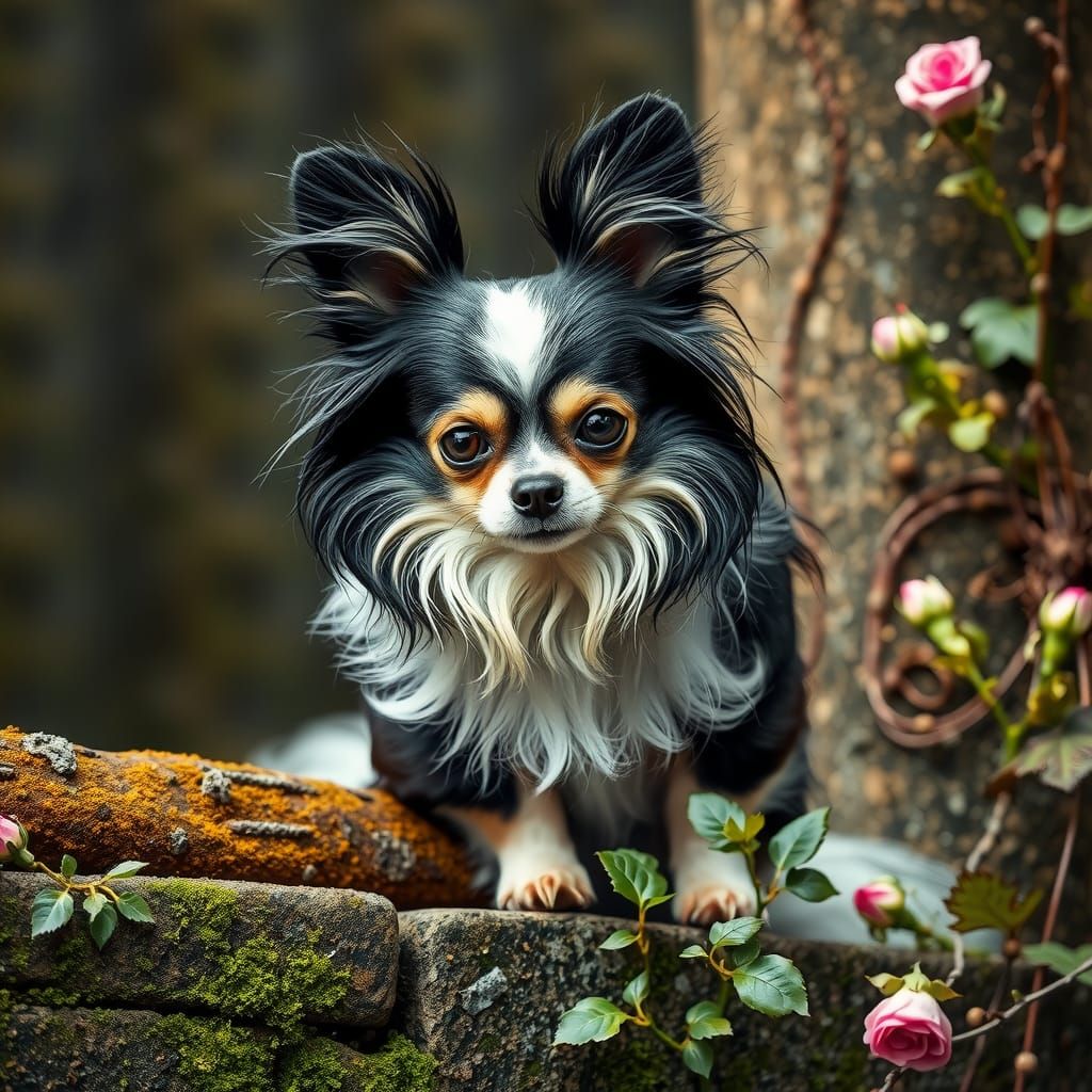 Long Haired Chihuahua on Stone Wall