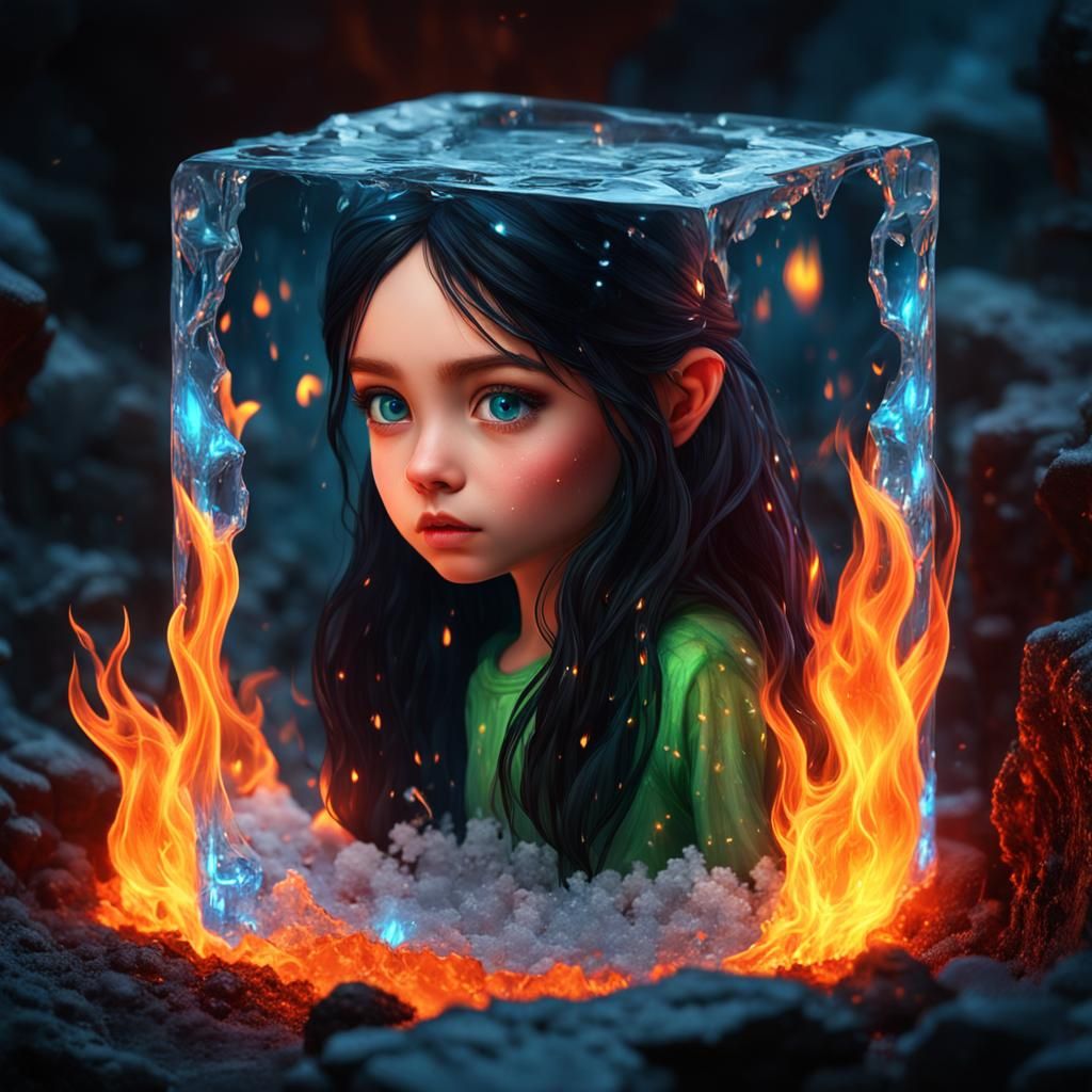 Fiery Fairy Trapped in Ice Cave: Hyperrealistic Portrait