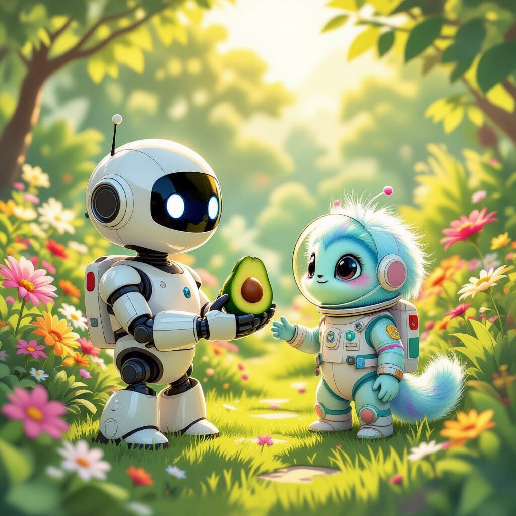 Cheerful Robot Offers Avocado to Fluffy Alien on Lush Planet