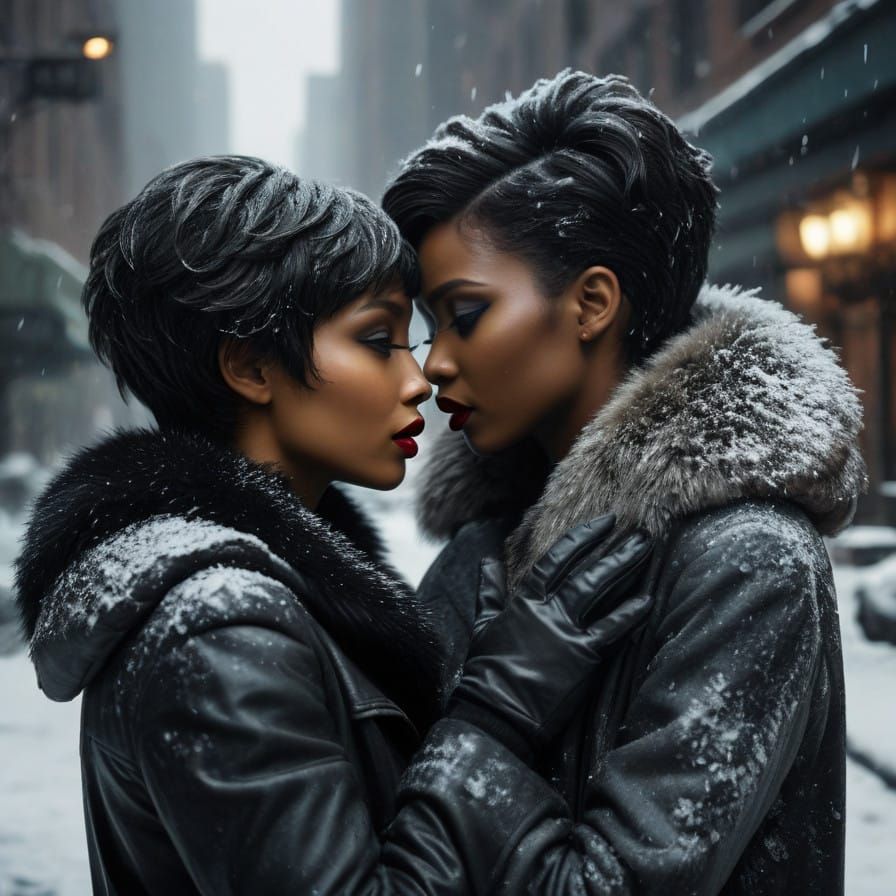 Elegant Black Women Share Intimate Moment in Snowy Cityscape...