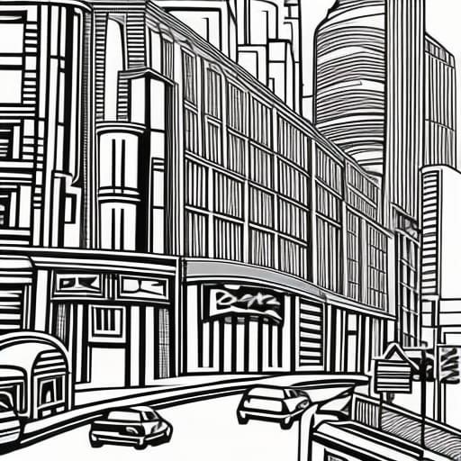 bustling modern city street, line art