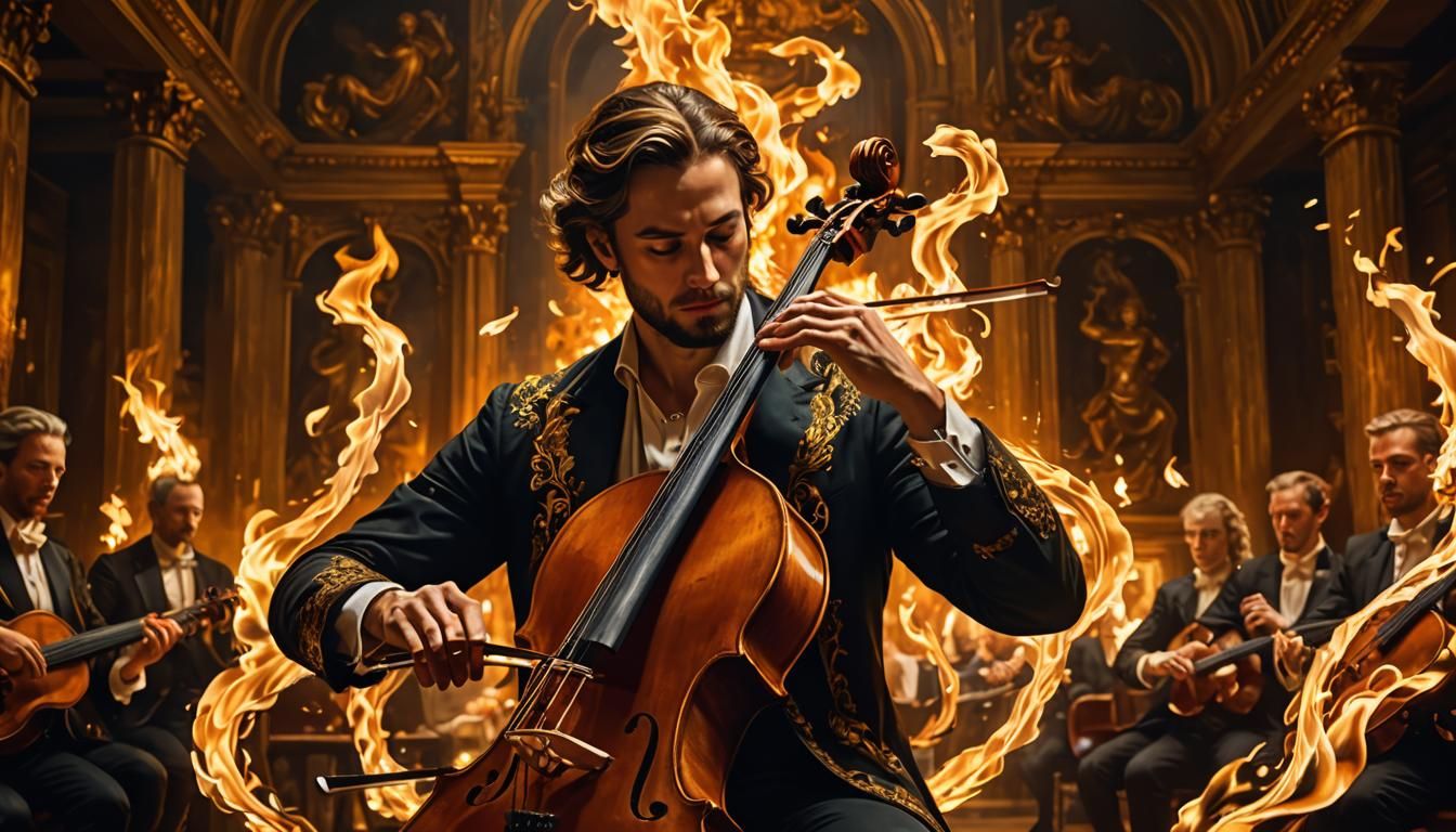 Cellist's Fiery Performance: Baroque Digital Painting