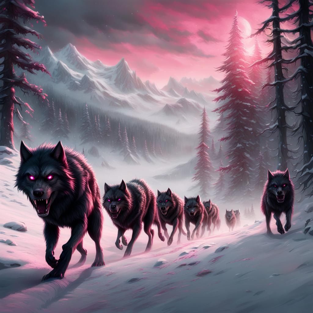 Werewolves with Glowing Eyes in Snowy Landscape