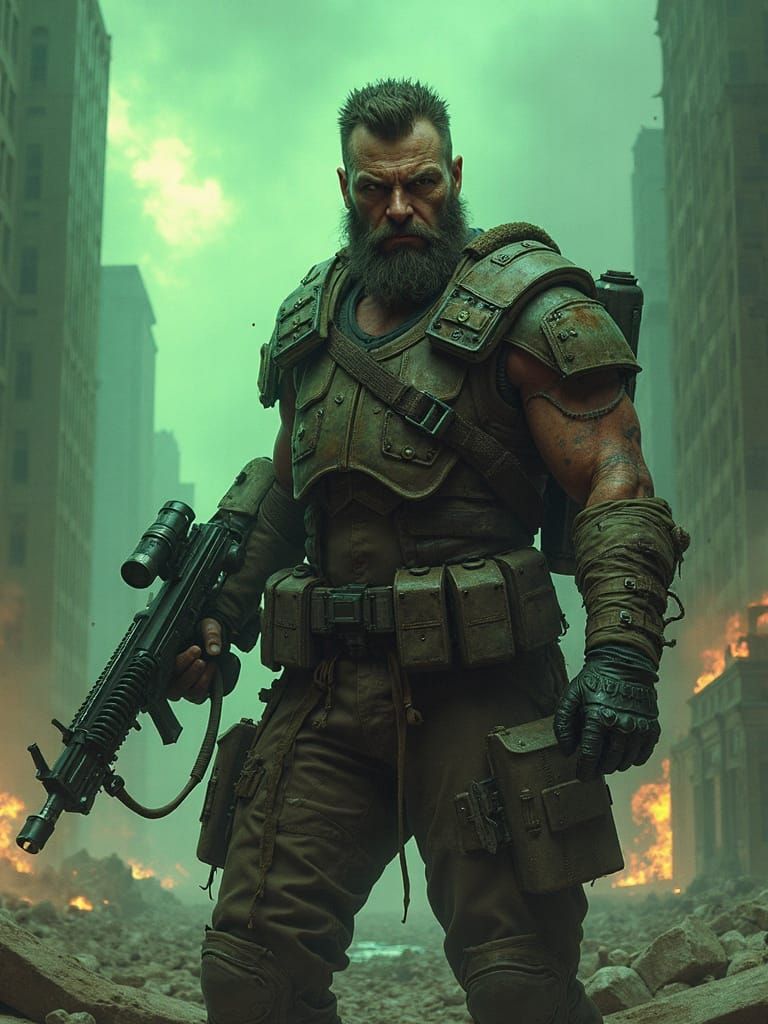 Mercenary in Ruined Cityscape: Post-Apocalyptic Matte Painti...