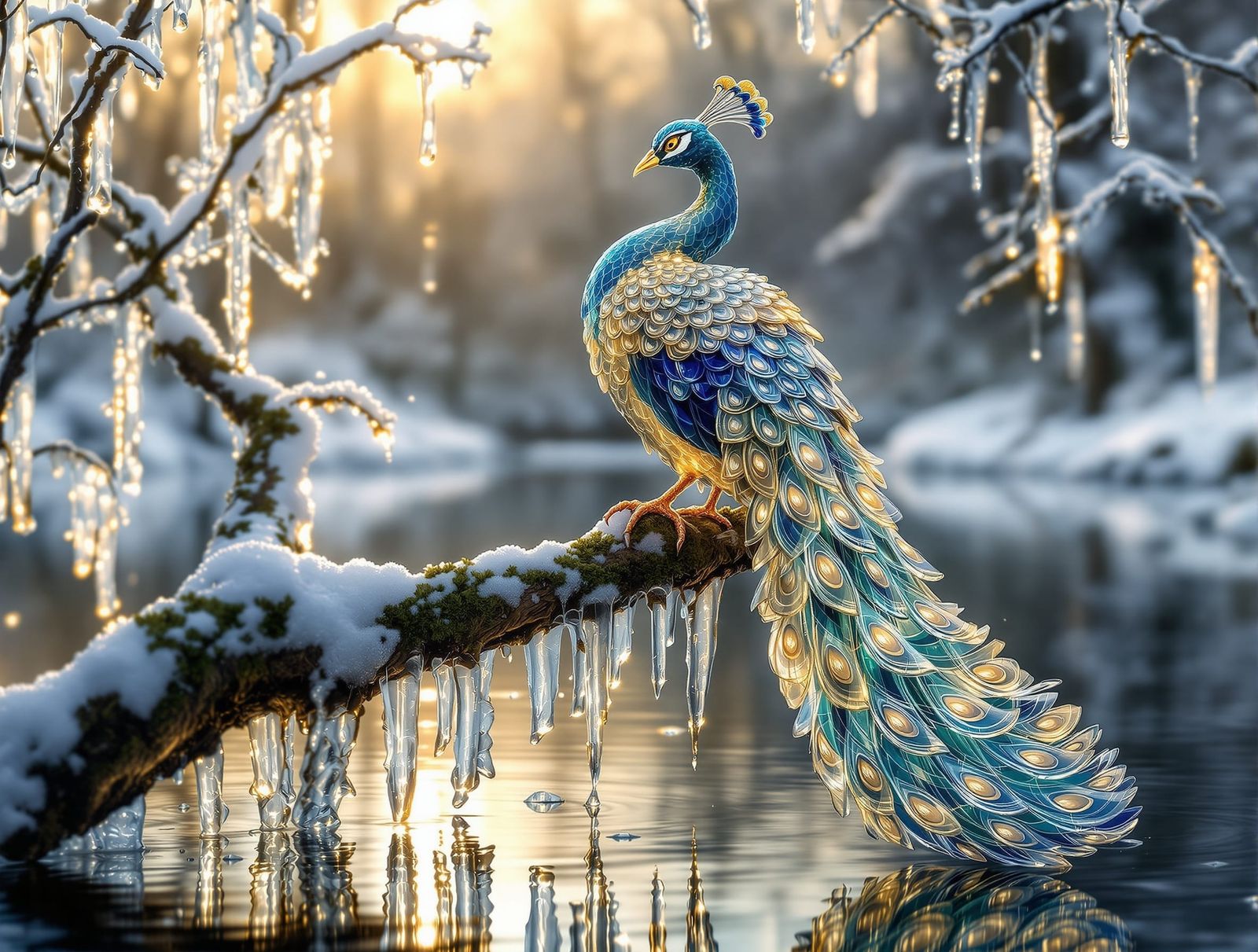 Embossed Glass Peacock on Snowy Branch at Sunset