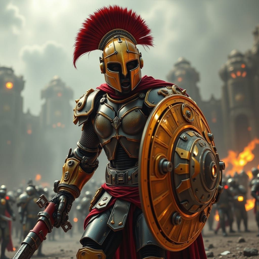 Cyberpunk Roman Centurion Engages in Futuristic Battle