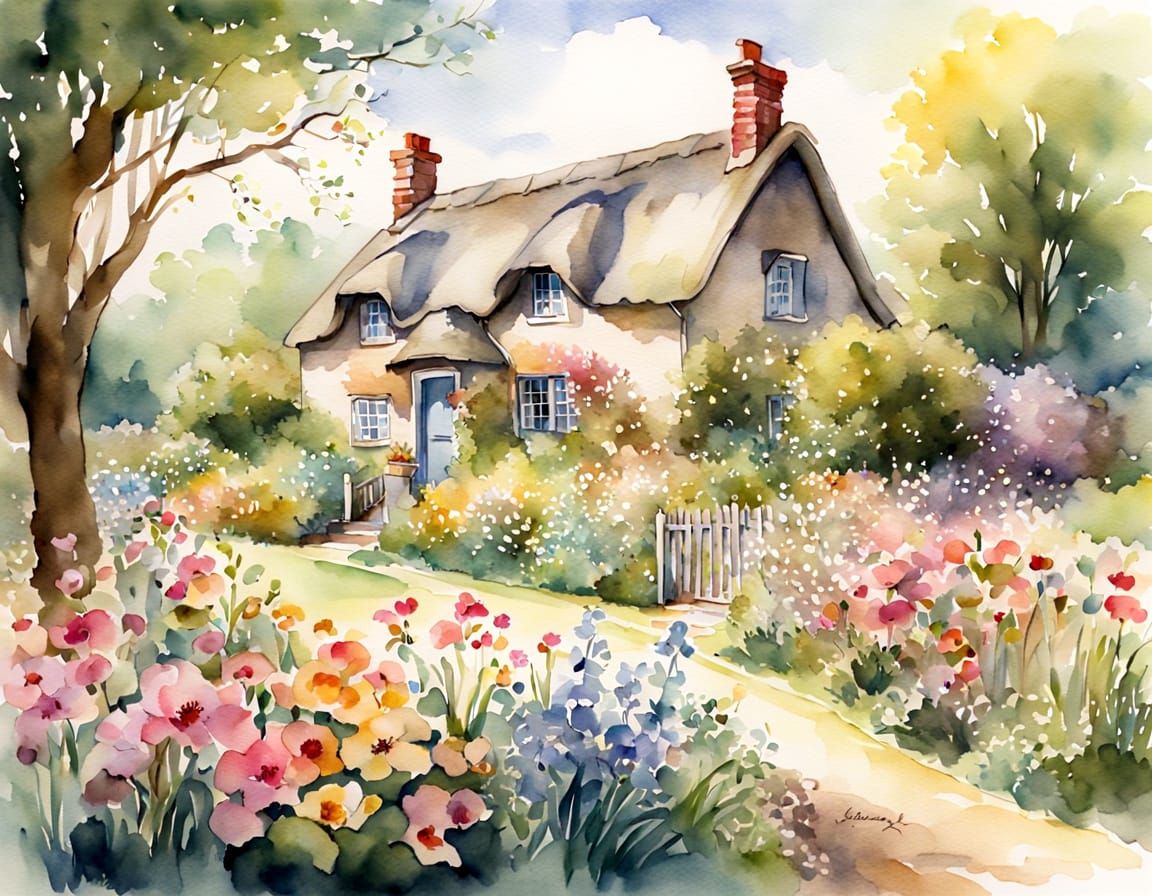 Watercolor Cottage Garden in the Style of Beatrix Potter