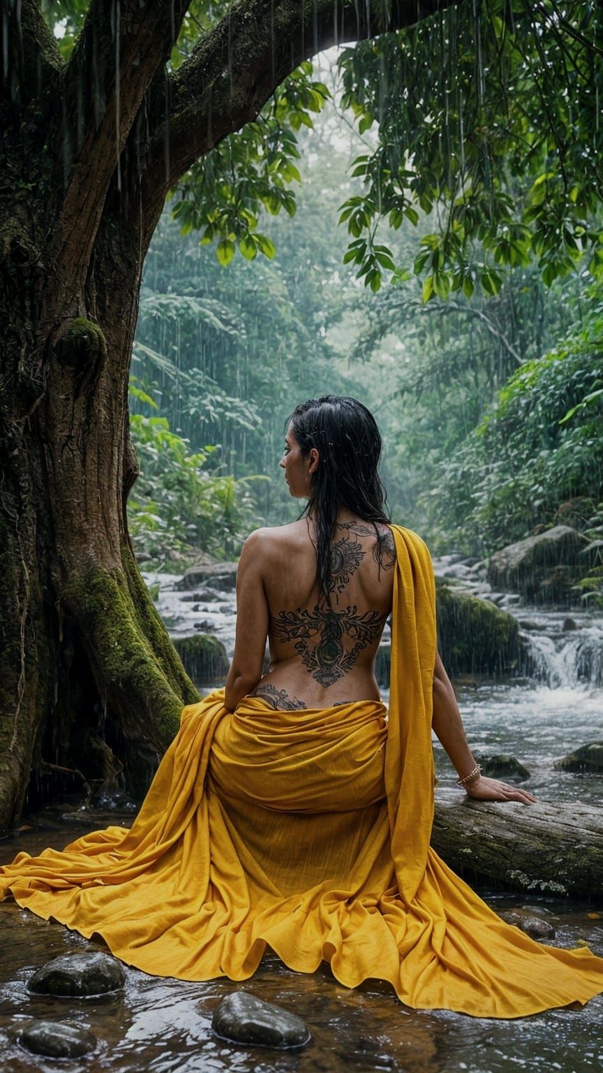 Woman in Yellow Scarf by Water Stream in Heavy Rain