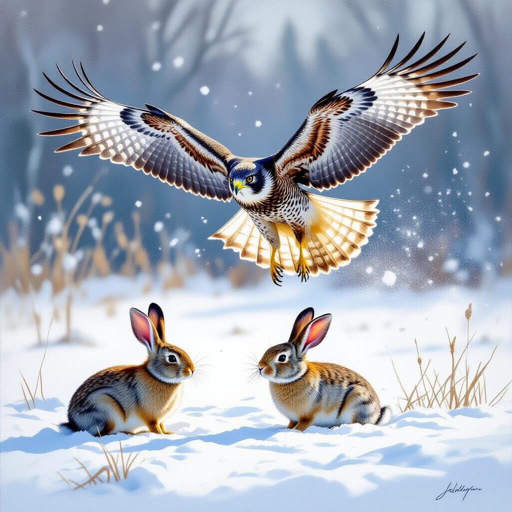 Hawk Diving for Rabbit in Snowy Field - Oil Brushstrokes