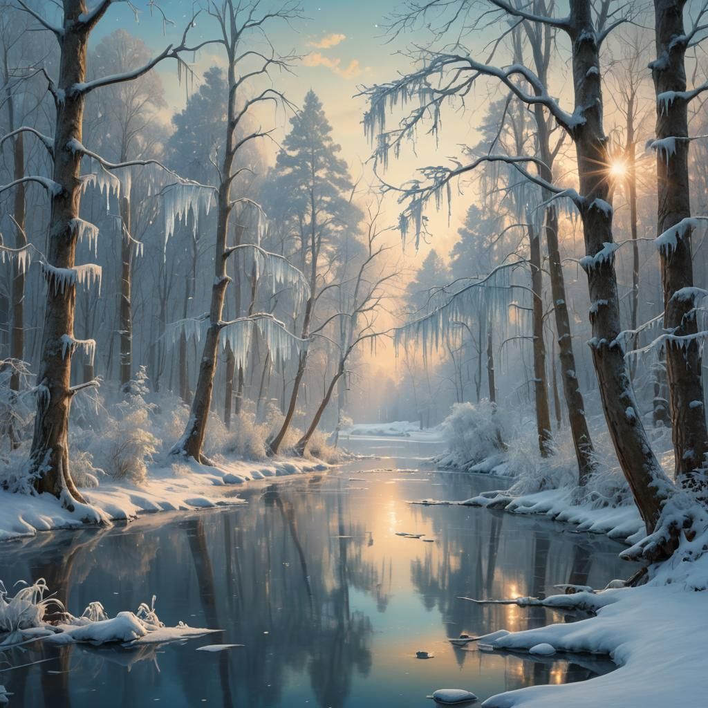 Winter Forest Landscape with Frozen Lake