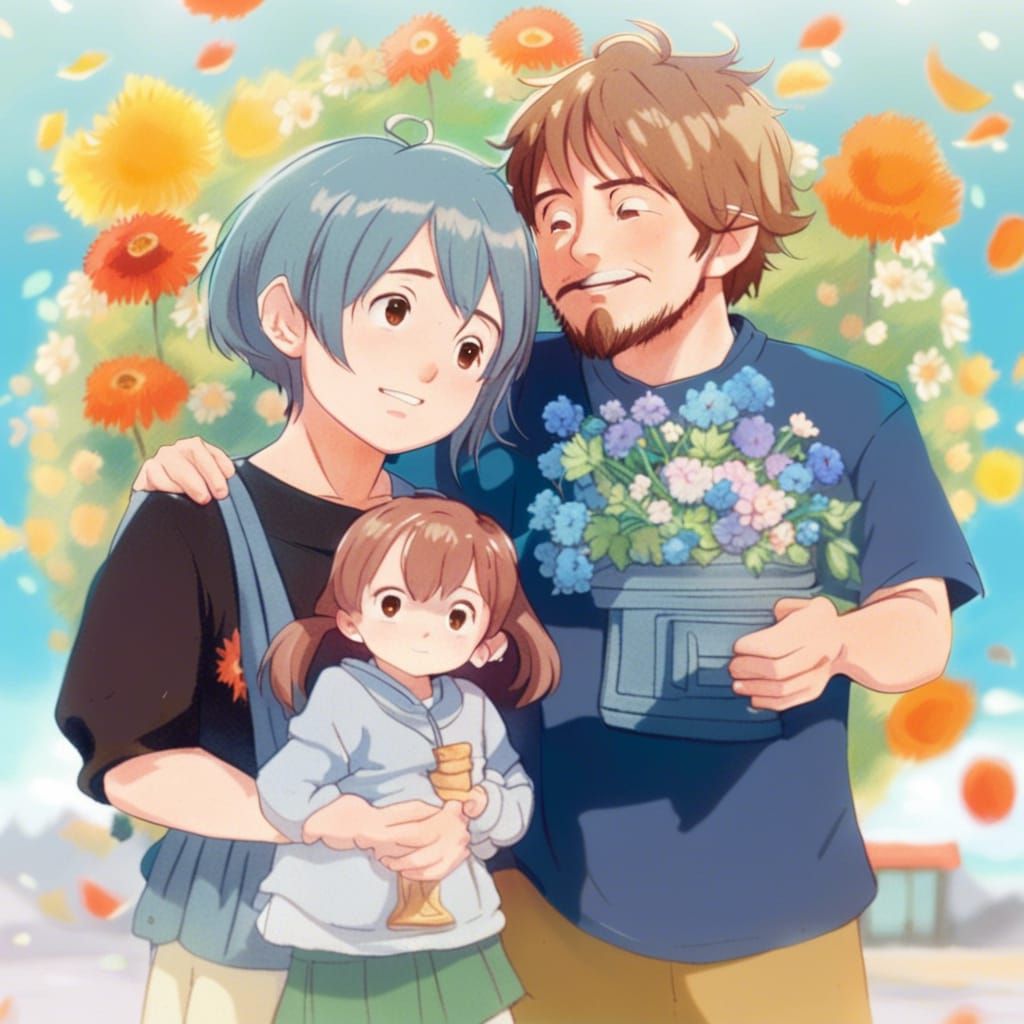 Happy Chibi Family in Studio Ghibli Anime Style