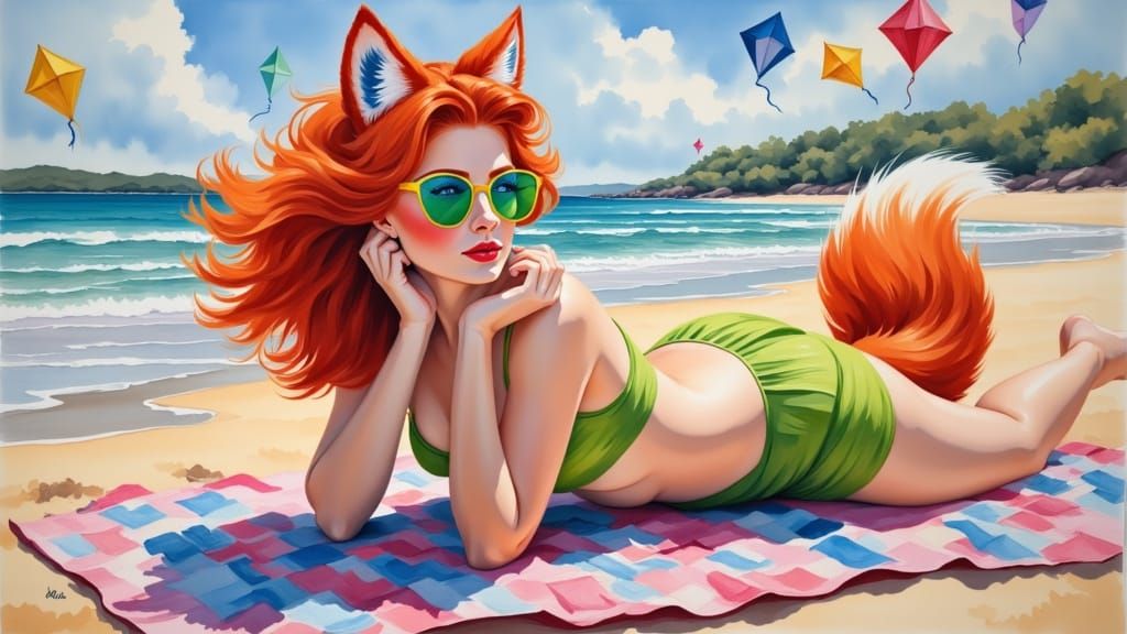 Kitsune with Red Tail Relaxes on Sunny Beach