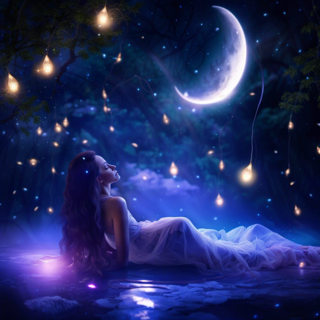 Fantasy Art: Woman Sleeping on Moonlit Clouds