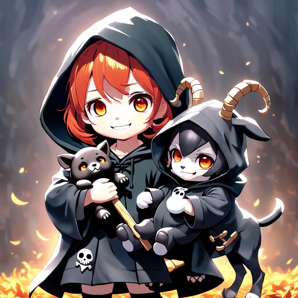 Grim Reaper Bambina with Cerberus Plushie: Anime Art