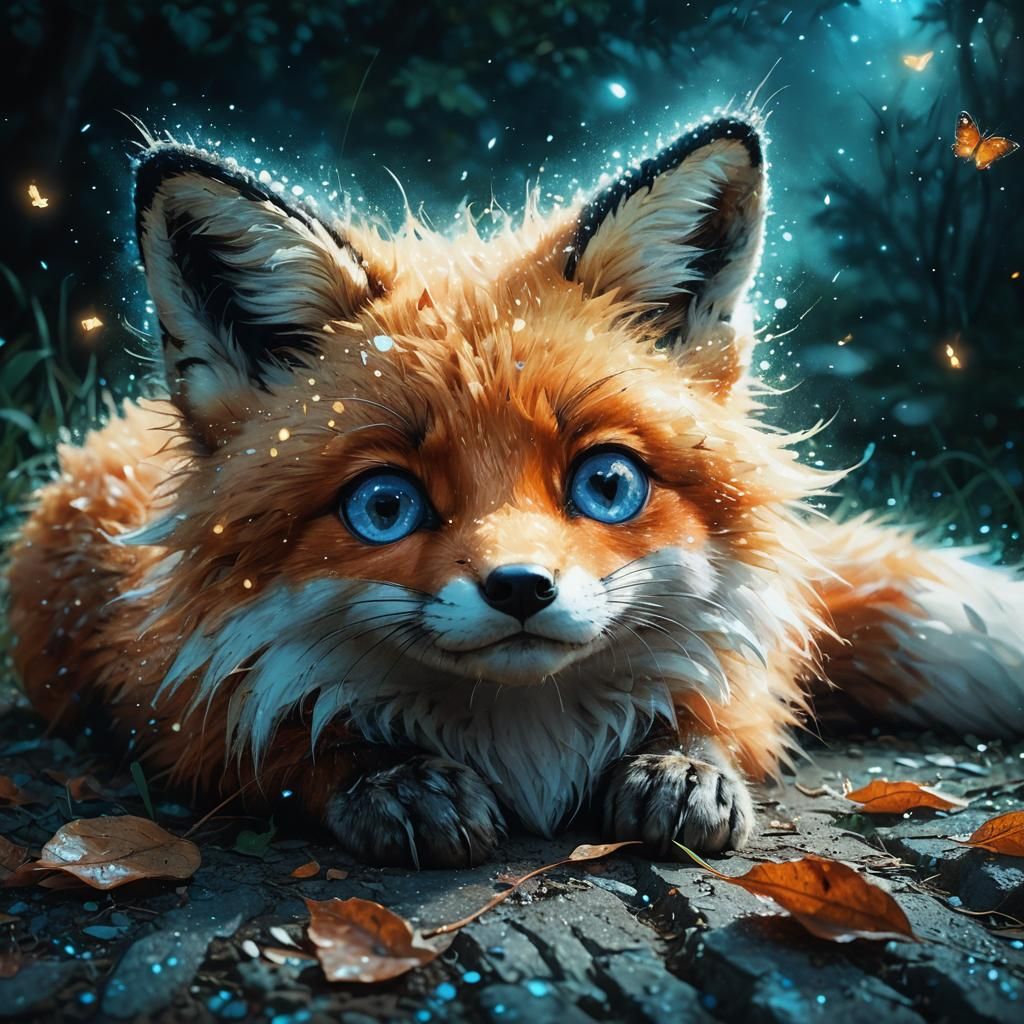 Cute Fox with Fireflies: 3D Digital Art