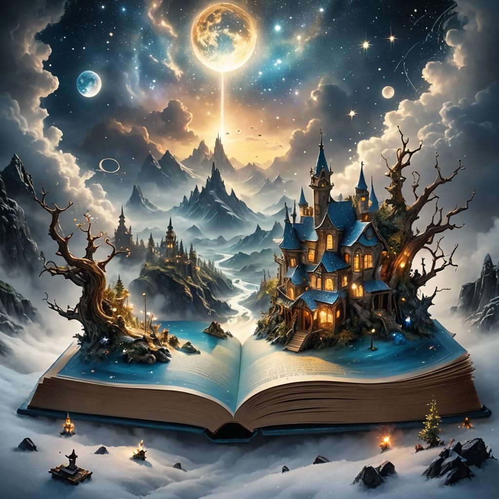 Miniature Mythological Universe Emerging from Book