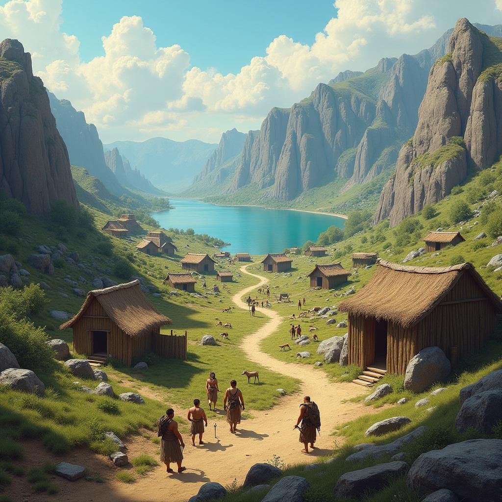 Prehistoric Hunter-Gatherer Village in Rugged Landscape