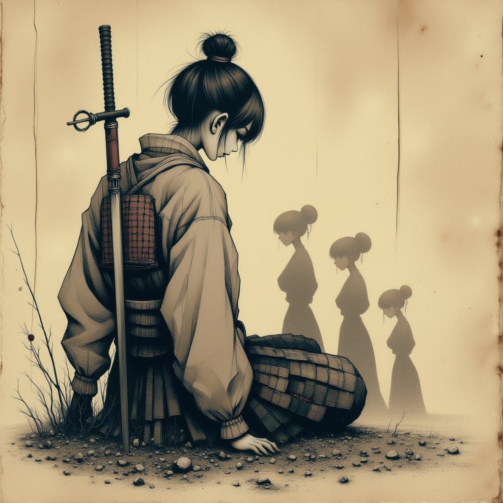 Muted Anime Art of Samurai and Oni Spirits