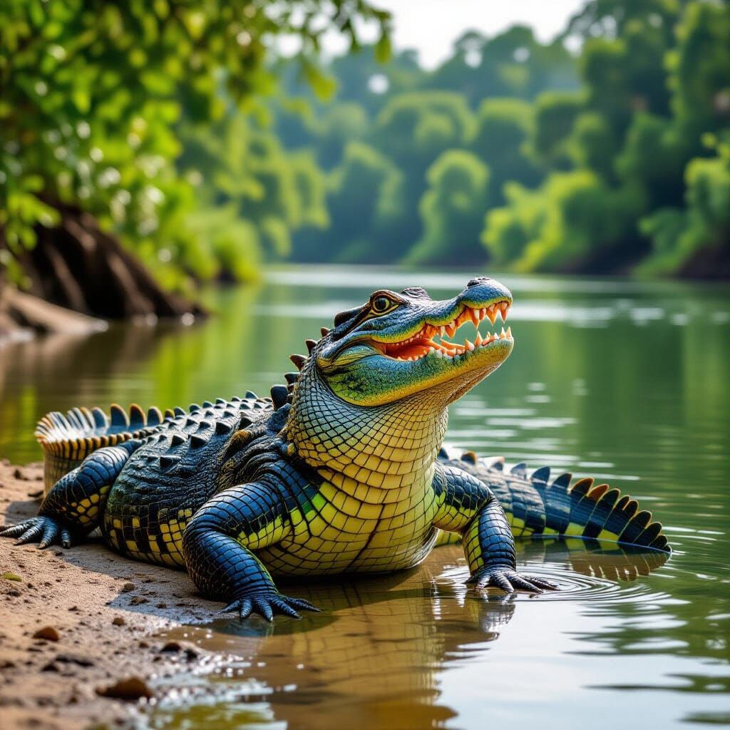 Indian Crocodile Sunbathing by River