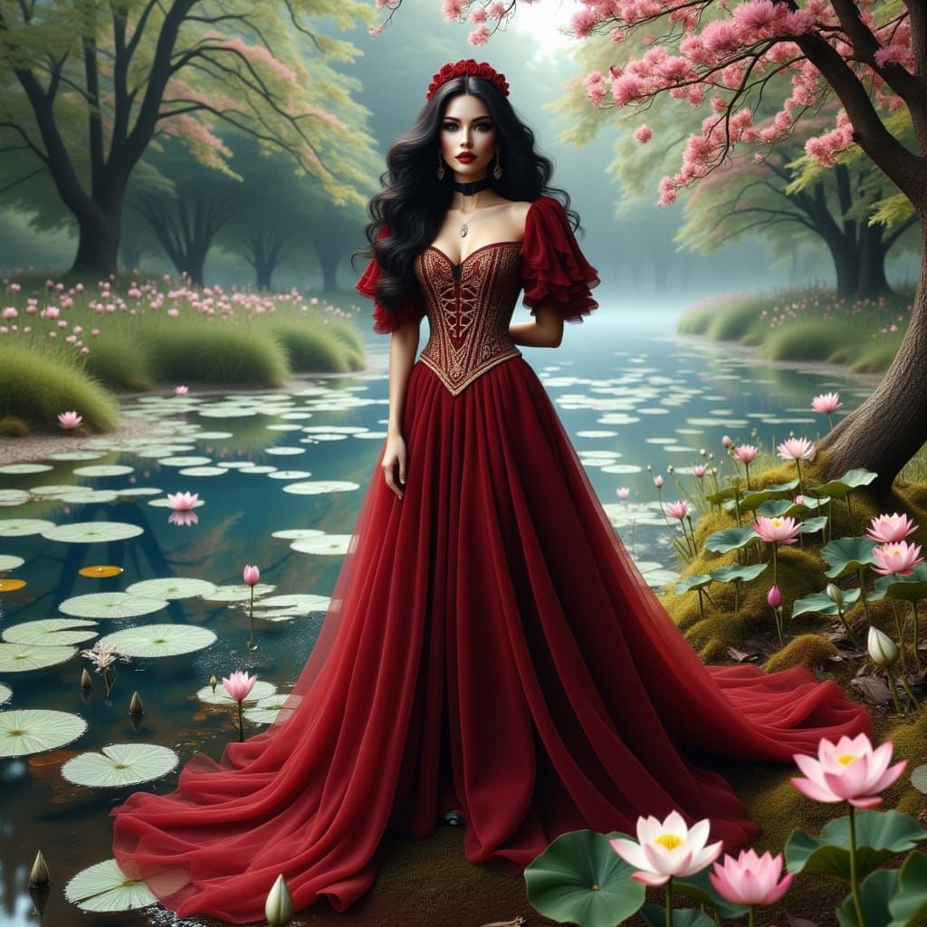 Burgundy Gown in Lotus Meadow, Fashion Portrait