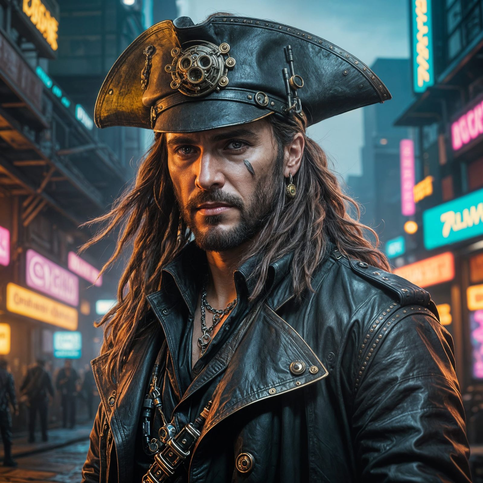 Steampunk Pirate with Cyberpunk Neon Style