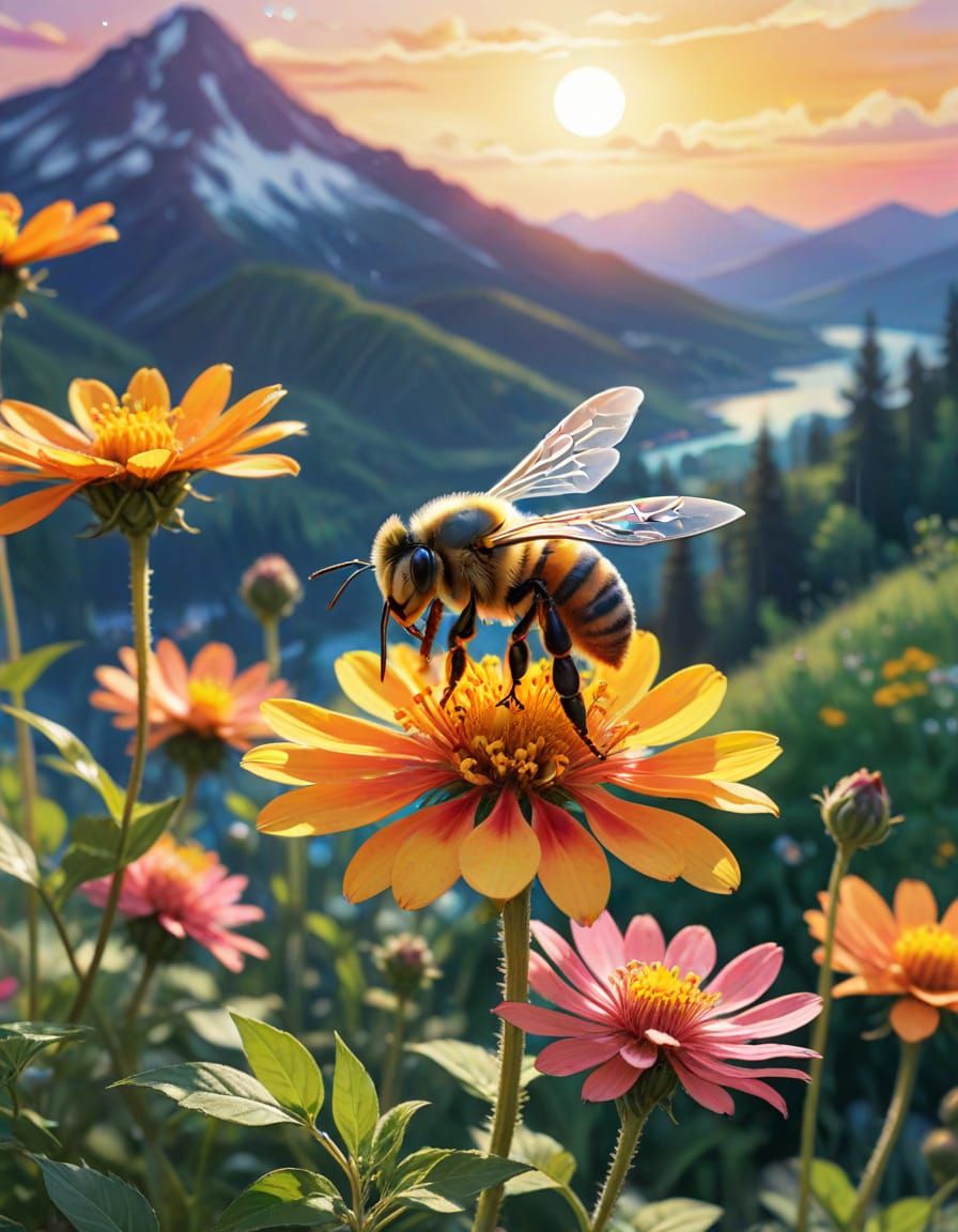 A close-up of a bee collecting nectar, its wings shimmering ...