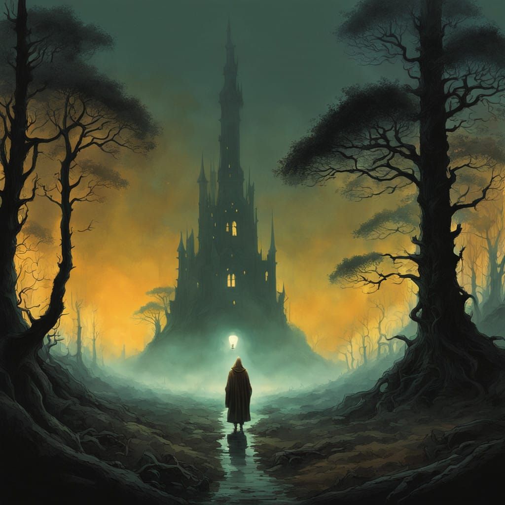 Mysterious Figure Walks Through Haunting Forest Landscape