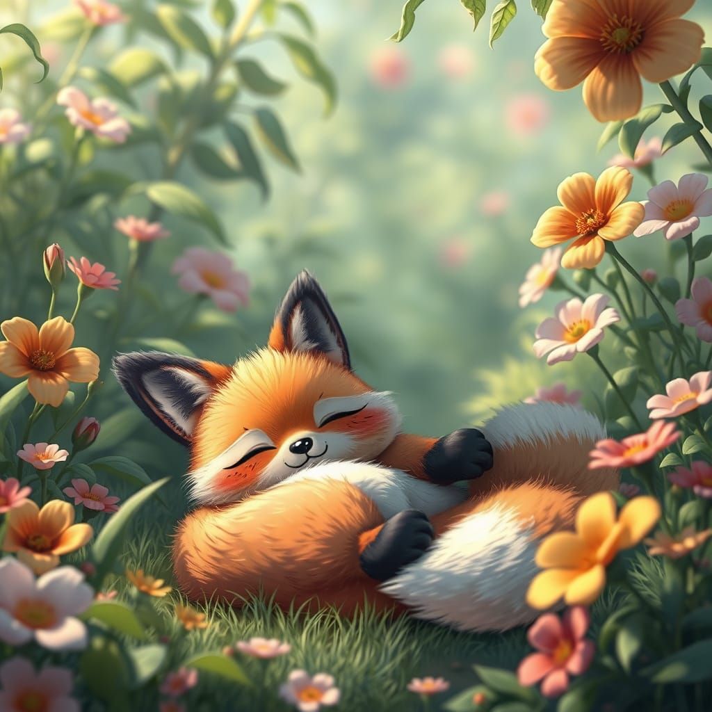 Foxy Kawaii Character Lounging in Lush Greenery