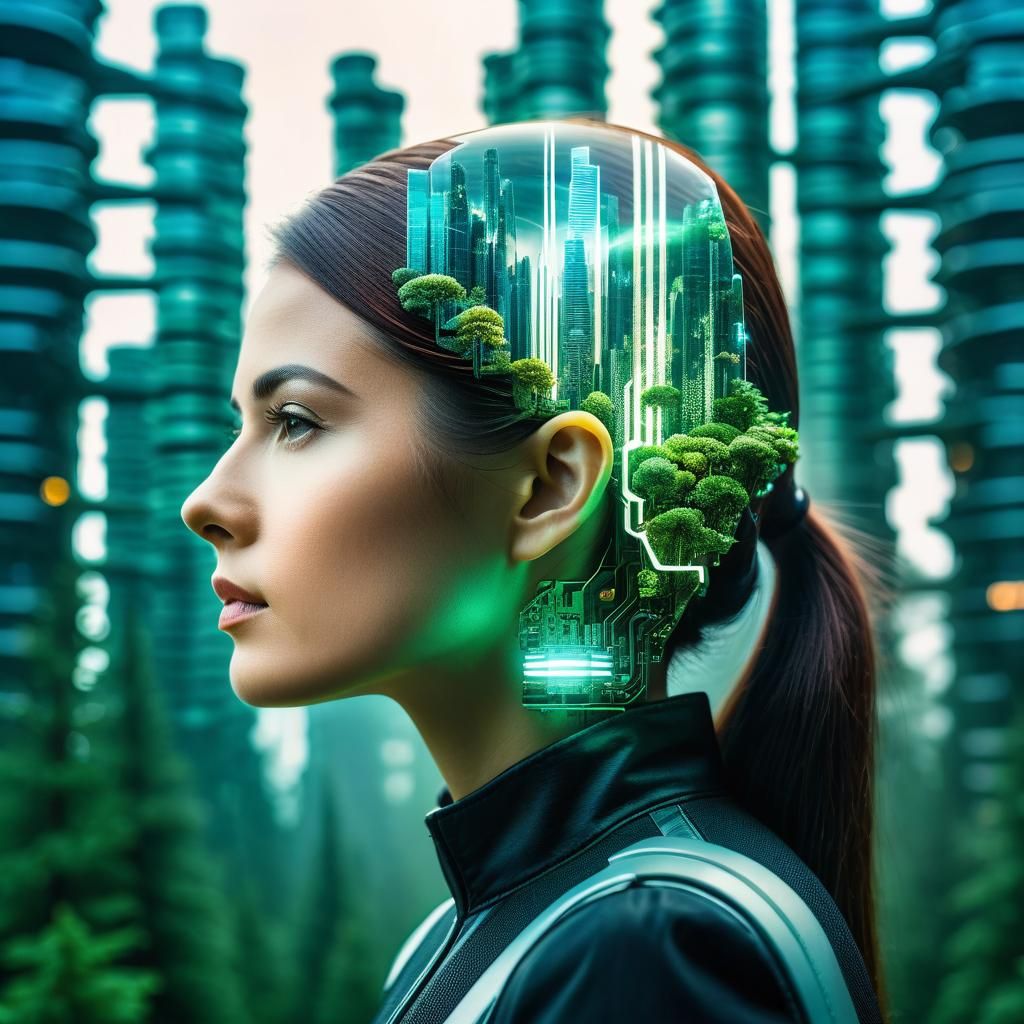 Futuristic Double Exposure Portrait: City and Circuitry
