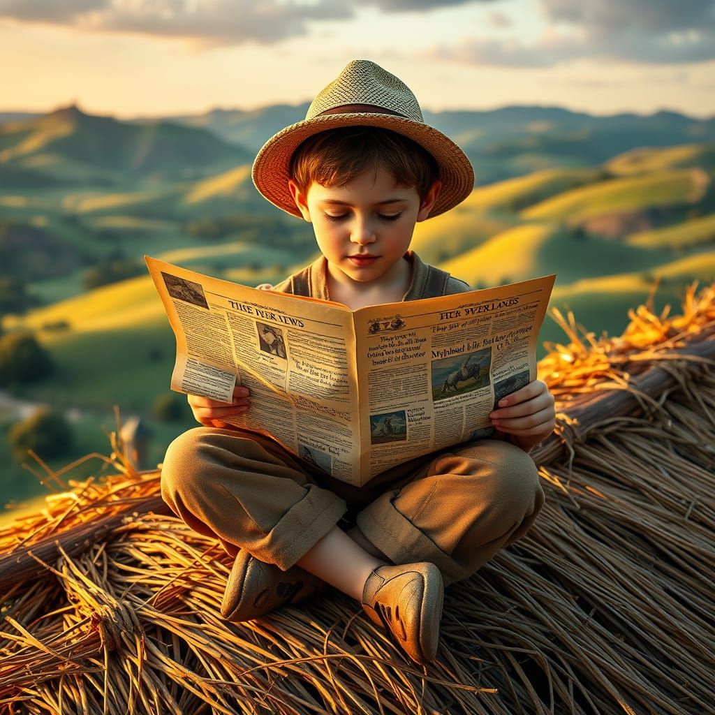 Whimsical Boy Lost in Vintage Newspaper on Hay Rooftop